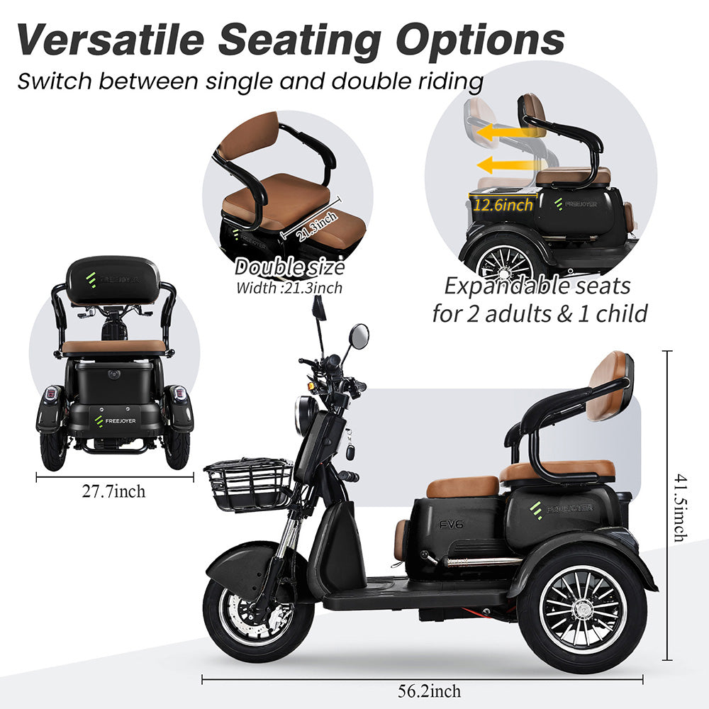 Elektrická tříkolka Freejoyer FV6, motor 1000 W, baterie 60 V 20 Ah, pneumatiky 10*3 palce, maximální rychlost 25 km/h, dojezd 55 km, přední kotoučová brzda a zadní bubnová brzda, hydraulická přední vidlice - černá