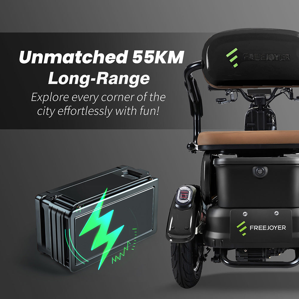 Elektrická tříkolka Freejoyer FV6, motor 1000 W, baterie 60 V 20 Ah, pneumatiky 10*3 palce, maximální rychlost 25 km/h, dojezd 55 km, přední kotoučová brzda a zadní bubnová brzda, hydraulická přední vidlice - černá