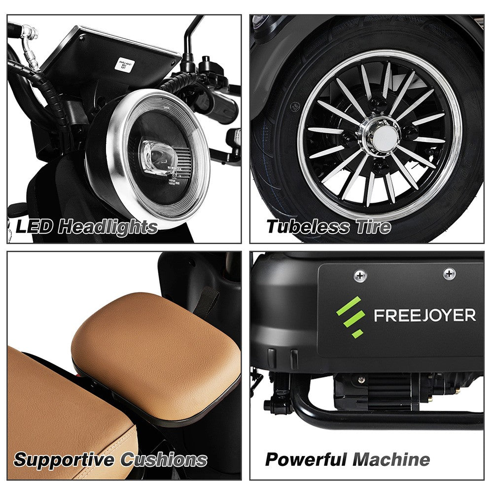 Elektrická tříkolka Freejoyer FV6, motor 1000 W, baterie 60 V 20 Ah, pneumatiky 10*3 palce, maximální rychlost 25 km/h, dojezd 55 km, přední kotoučová brzda a zadní bubnová brzda, hydraulická přední vidlice - černá