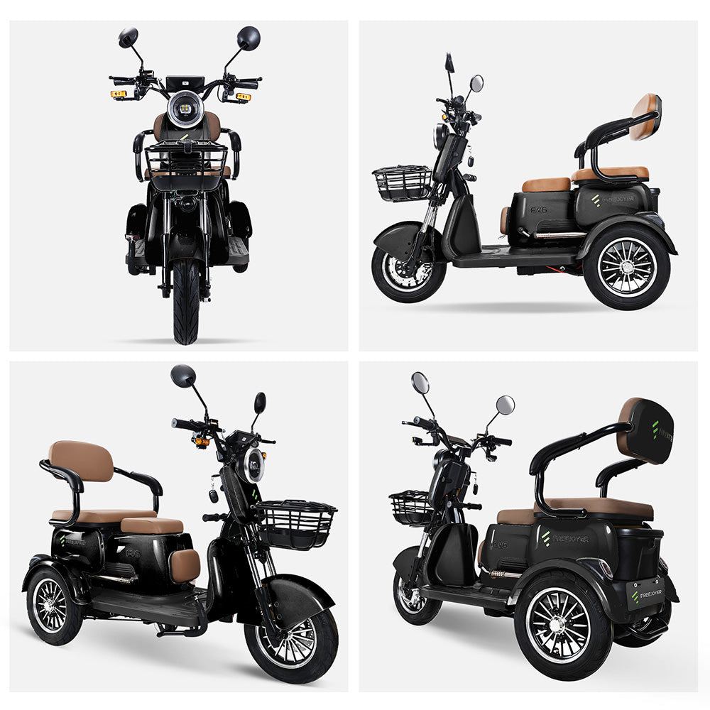 Elektrická tříkolka Freejoyer FV6, motor 1000 W, baterie 60 V 20 Ah, pneumatiky 10*3 palce, maximální rychlost 25 km/h, dojezd 55 km, přední kotoučová brzda a zadní bubnová brzda, hydraulická přední vidlice - černá