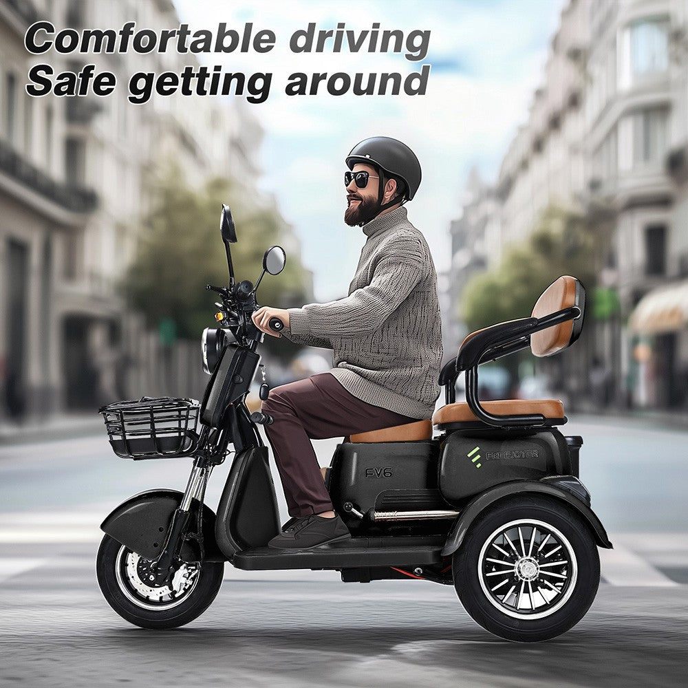 Elektrická tříkolka Freejoyer FV6, motor 1000 W, baterie 60 V 20 Ah, pneumatiky 10*3 palce, maximální rychlost 25 km/h, dojezd 55 km, přední kotoučová brzda a zadní bubnová brzda, hydraulická přední vidlice - černá