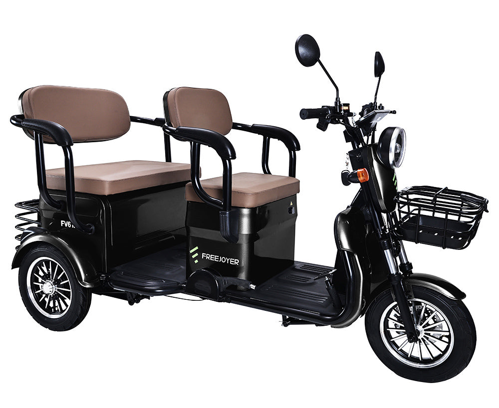 Elektrická tříkolka Freejoyer FV6 Max, motor 1800 W, baterie 72 V 20 Ah, pneumatiky 10*3 palce, maximální rychlost 25 km/h, dojezd 60 km, přední kotoučová brzda a zadní bubnová brzda, hydraulická přední vidlice - černá