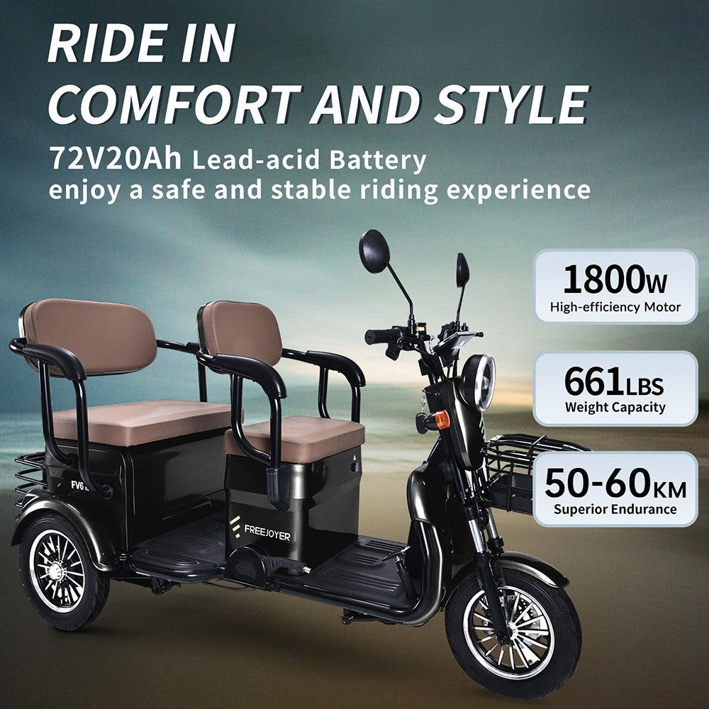 Elektrická tříkolka Freejoyer FV6 Max, motor 1800 W, baterie 72 V 20 Ah, pneumatiky 10*3 palce, maximální rychlost 25 km/h, dojezd 60 km, přední kotoučová brzda a zadní bubnová brzda, hydraulická přední vidlice - černá
