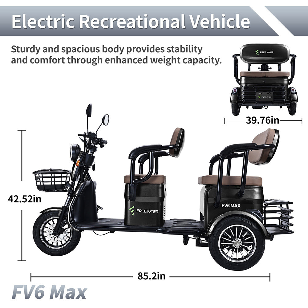 Elektrická tříkolka Freejoyer FV6 Max, motor 1800 W, baterie 72 V 20 Ah, pneumatiky 10*3 palce, maximální rychlost 25 km/h, dojezd 60 km, přední kotoučová brzda a zadní bubnová brzda, hydraulická přední vidlice - černá