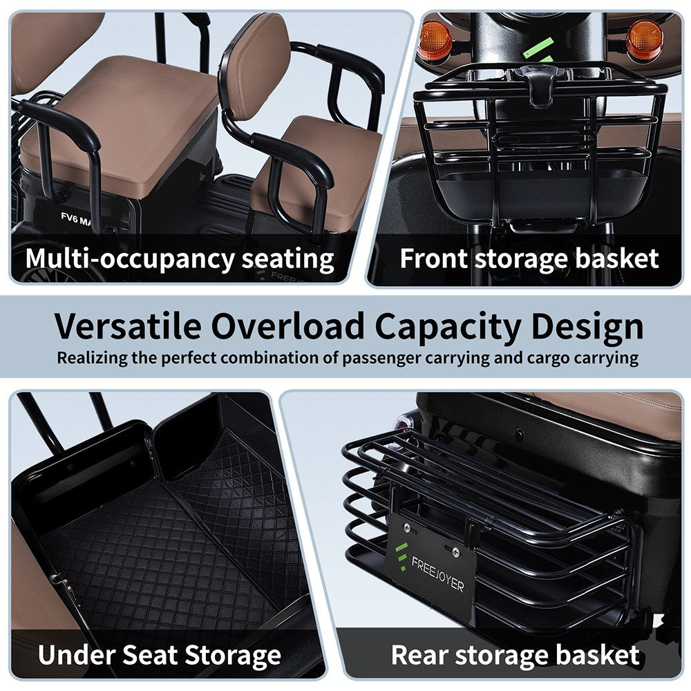 Elektrická tříkolka Freejoyer FV6 Max, motor 1800 W, baterie 72 V 20 Ah, pneumatiky 10*3 palce, maximální rychlost 25 km/h, dojezd 60 km, přední kotoučová brzda a zadní bubnová brzda, hydraulická přední vidlice - černá