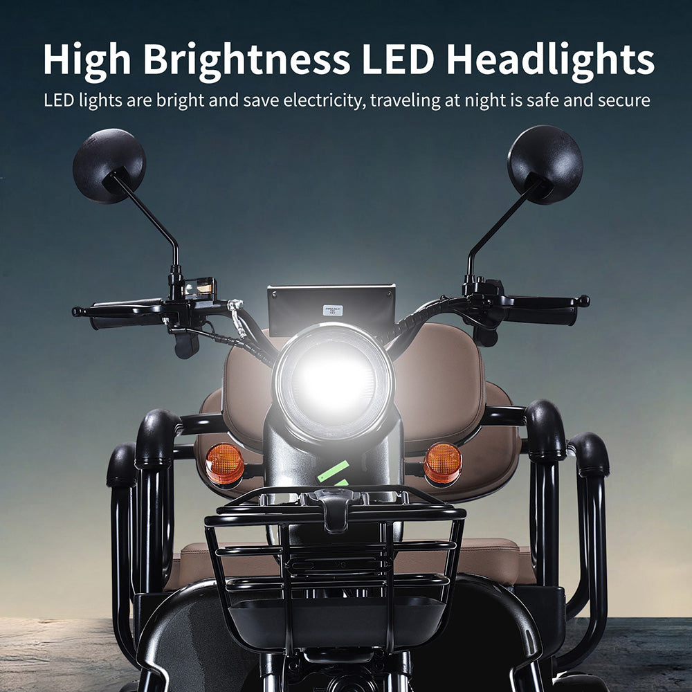 Elektrická tříkolka Freejoyer FV6 Max, motor 1800 W, baterie 72 V 20 Ah, pneumatiky 10*3 palce, maximální rychlost 25 km/h, dojezd 60 km, přední kotoučová brzda a zadní bubnová brzda, hydraulická přední vidlice - černá