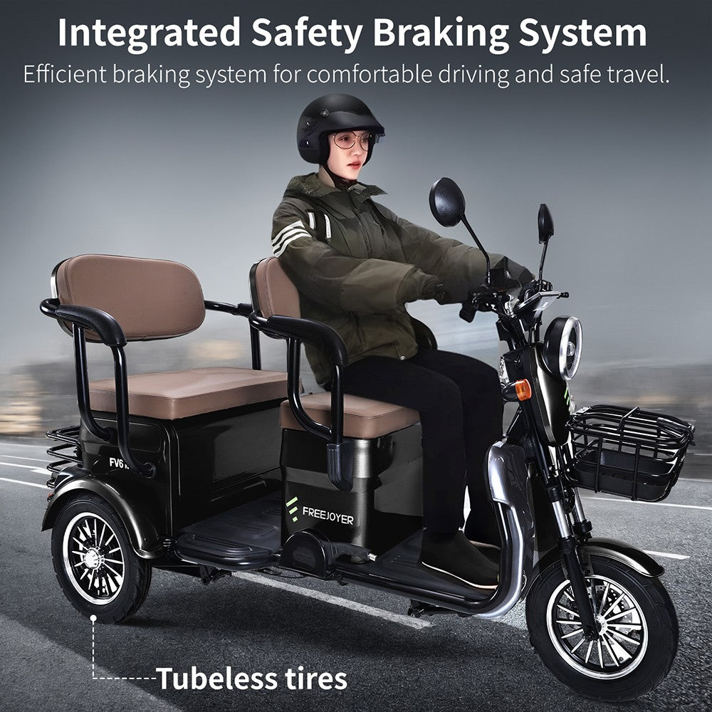 Elektrická tříkolka Freejoyer FV6 Max, motor 1800 W, baterie 72 V 20 Ah, pneumatiky 10*3 palce, maximální rychlost 25 km/h, dojezd 60 km, přední kotoučová brzda a zadní bubnová brzda, hydraulická přední vidlice - černá