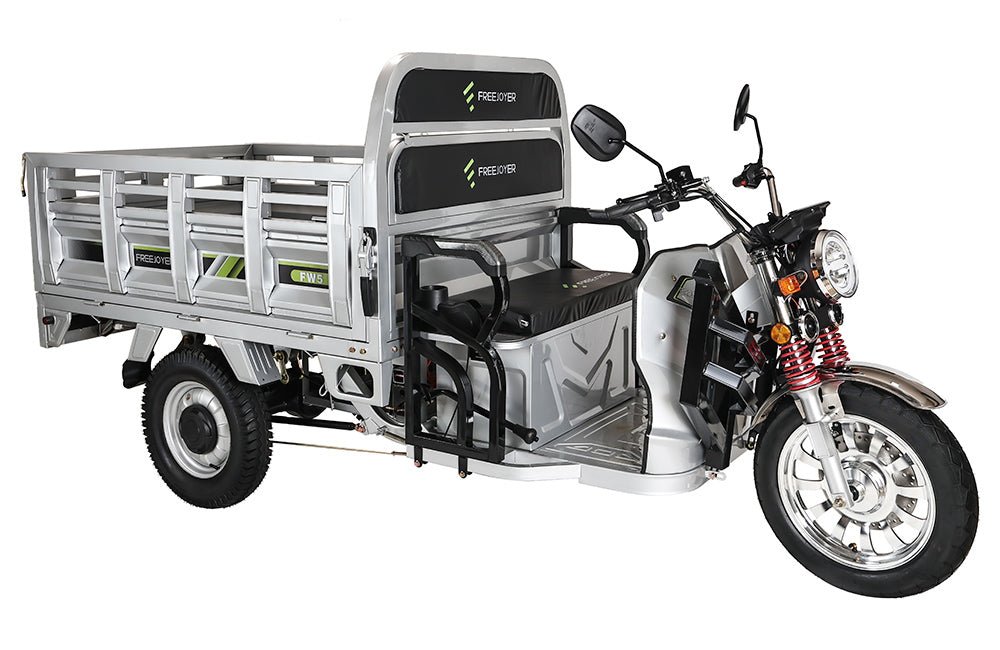 Elektrická nákladní tříkolka Freejoyer FW5, motor 3000 W, baterie 72 V 58 Ah, maximální rychlost 45 km/h, dojezd 86 km, přední kotoučová brzda a zadní bubnová brzda, tlumení nárazů vpředu a vzadu - stříbrná