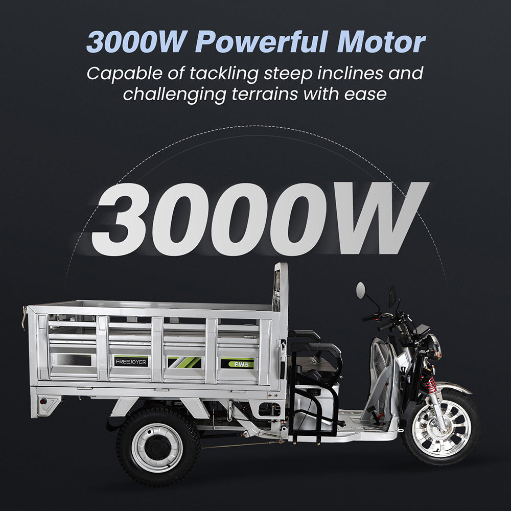 Elektrická nákladní tříkolka Freejoyer FW5, motor 3000 W, baterie 72 V 58 Ah, maximální rychlost 45 km/h, dojezd 86 km, přední kotoučová brzda a zadní bubnová brzda, tlumení nárazů vpředu a vzadu - stříbrná