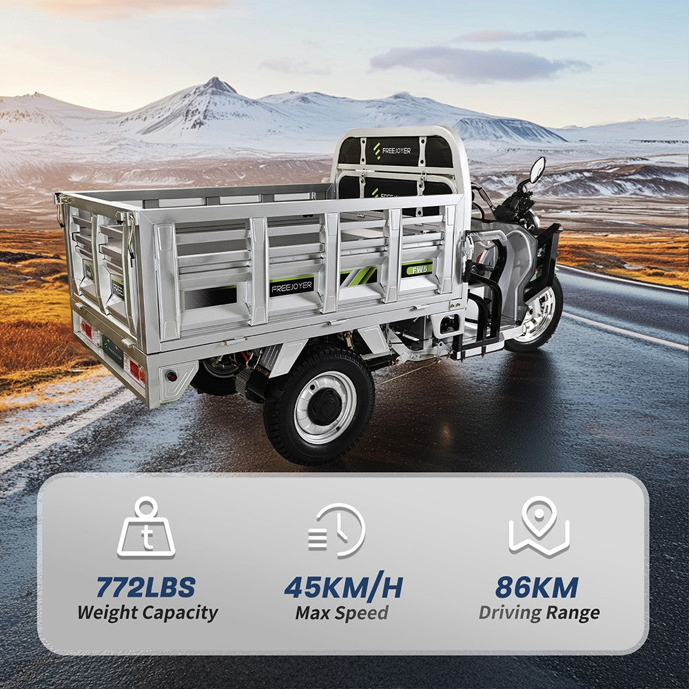 Elektrická nákladní tříkolka Freejoyer FW5, motor 3000 W, baterie 72 V 58 Ah, maximální rychlost 45 km/h, dojezd 86 km, přední kotoučová brzda a zadní bubnová brzda, tlumení nárazů vpředu a vzadu - stříbrná