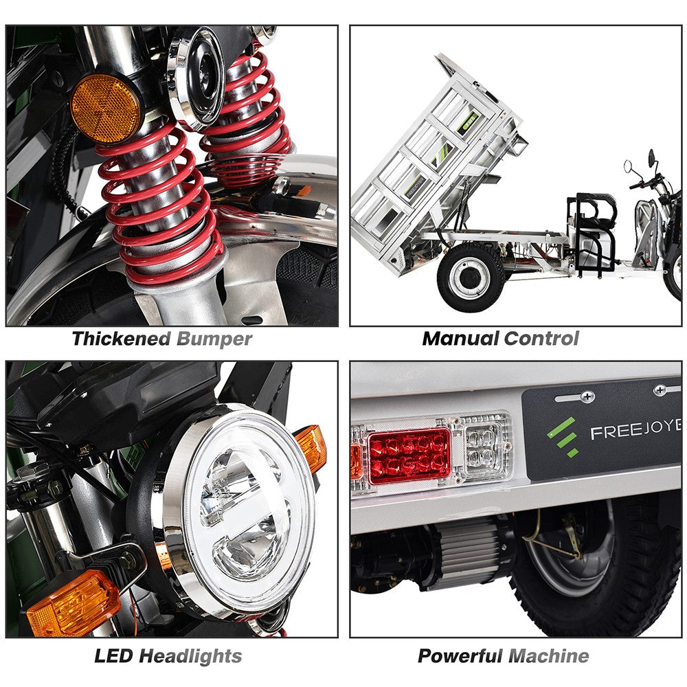 Elektrická nákladní tříkolka Freejoyer FW5, motor 3000 W, baterie 72 V 58 Ah, maximální rychlost 45 km/h, dojezd 86 km, přední kotoučová brzda a zadní bubnová brzda, tlumení nárazů vpředu a vzadu - stříbrná