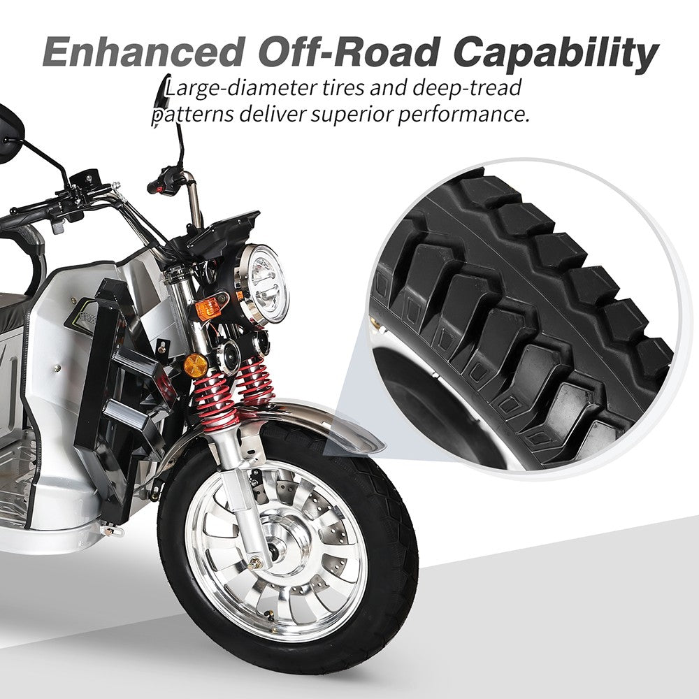 Elektrická nákladní tříkolka Freejoyer FW5, motor 3000 W, baterie 72 V 58 Ah, maximální rychlost 45 km/h, dojezd 86 km, přední kotoučová brzda a zadní bubnová brzda, tlumení nárazů vpředu a vzadu - stříbrná