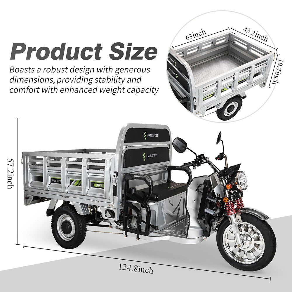 Elektrická nákladní tříkolka Freejoyer FW5, motor 3000 W, baterie 72 V 58 Ah, maximální rychlost 45 km/h, dojezd 86 km, přední kotoučová brzda a zadní bubnová brzda, tlumení nárazů vpředu a vzadu - stříbrná