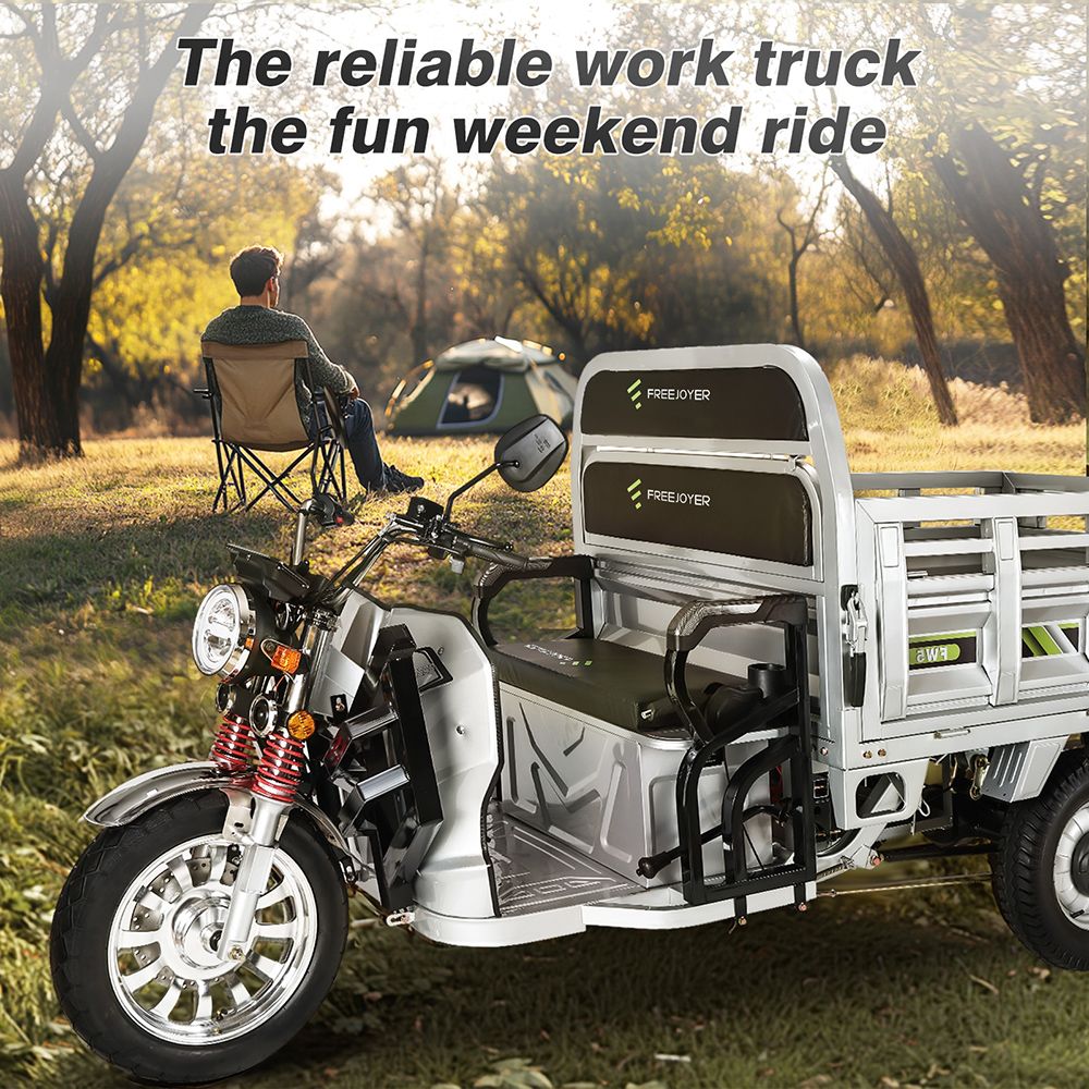 Elektrická nákladní tříkolka Freejoyer FW5, motor 3000 W, baterie 72 V 58 Ah, maximální rychlost 45 km/h, dojezd 86 km, přední kotoučová brzda a zadní bubnová brzda, tlumení nárazů vpředu a vzadu - stříbrná