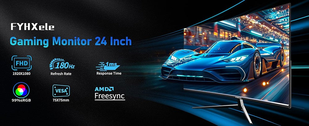 Herní monitor FYHXele FY24FHR s úhlopříčkou 24 palců, rozlišení 1920*1080, poměr stran 16:9, IPS obrazovka, obnovovací frekvence 180 Hz, doba odezvy 1 ms (MPRT), 99 % sRGB, AMD FreeSync a Adaptive-Sync, HDR10, pozorovací úhel 178°, možnost montáže VESA 75*75 mm