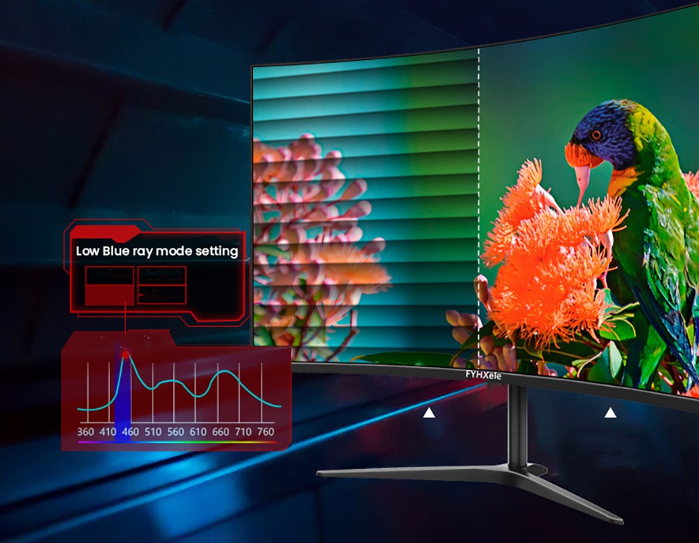 Herní monitor FYHXele FY24FMC-B, 24palcový 1080P FHD 16:9 VA displej, obnovovací frekvence 75 Hz, panel 2800R MVA, doba odezvy 2 ms, 99 % sRGB, nastavitelný náklon, černý