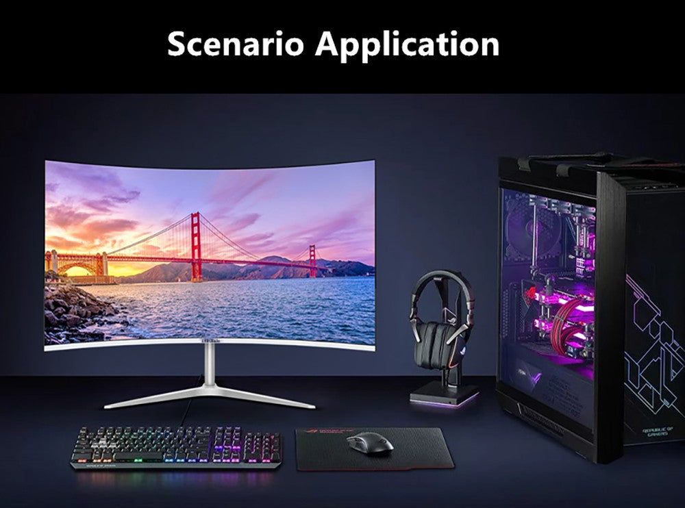 Herní monitor FYHXele FY24FMC-B, 24palcový 1080P FHD 16:9 VA displej, obnovovací frekvence 75 Hz, panel 2800R MVA, doba odezvy 2 ms, 99 % sRGB, nastavitelný náklon, černý