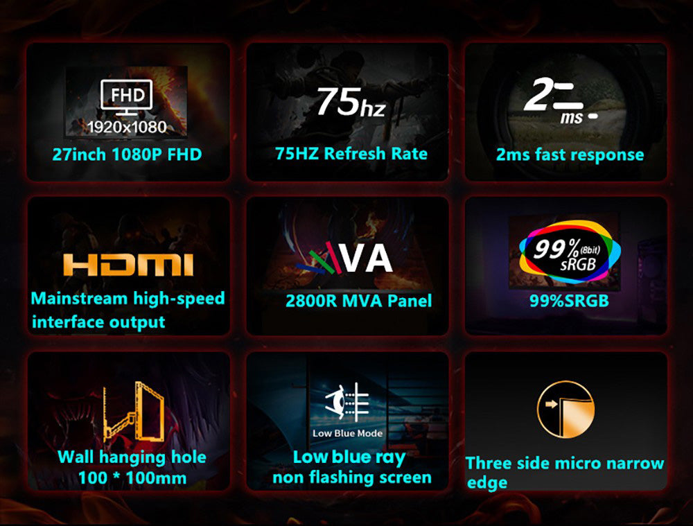 27palcový zakřivený herní monitor FYHXele FY27FMC-B s rozlišením 2800R, rozlišením 1920*1080, poměrem stran 16:9 a VA, obnovovací frekvencí 75 Hz, dobou odezvy 2 ms, 99 % sRGB, 1x HDMI, 1x VGA, 1x audio, nastavitelným náklonem