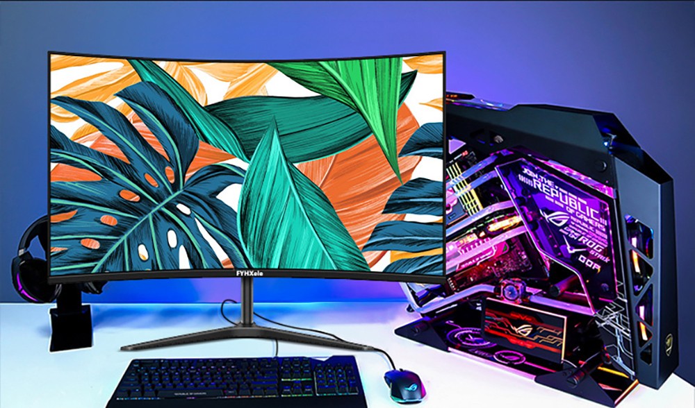 27palcový zakřivený herní monitor FYHXele FY27FMC-B s rozlišením 2800R, rozlišením 1920*1080, poměrem stran 16:9 a VA, obnovovací frekvencí 75 Hz, dobou odezvy 2 ms, 99 % sRGB, 1x HDMI, 1x VGA, 1x audio, nastavitelným náklonem