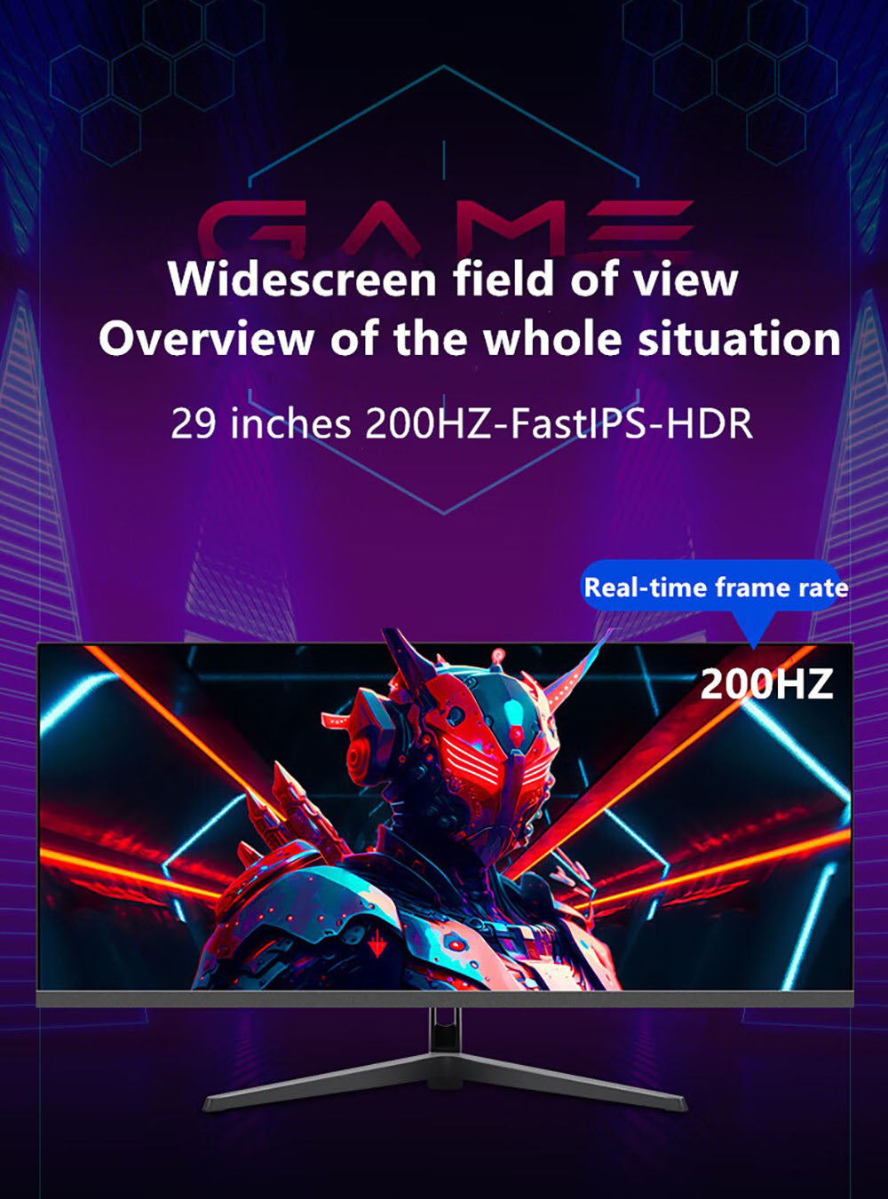 29palcový monitor FYHXele FY29Q2H, rozlišení 2560*1080 WFHD 21:9 IPS, obnovovací frekvence 200 Hz, doba odezvy 1 ms, 100% sRGB, kontrast 1000:1, kompatibilita s FreeSync a G-Sync, HDR, Game Plus, DC Dimming, 2x DP 1.4, 2x HDMI 2.1, 1x audio, nastavení náklonu a držák VESA