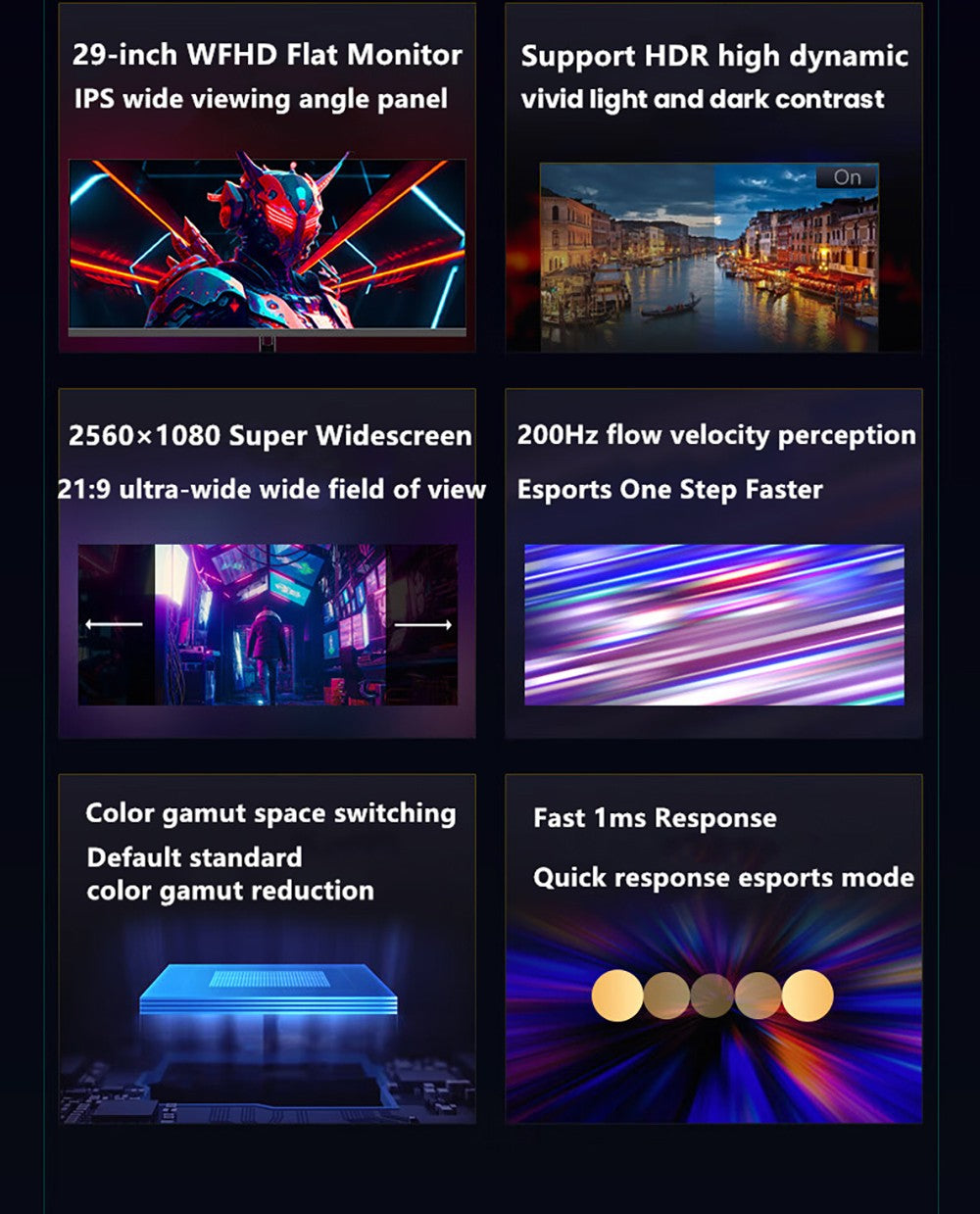 29palcový monitor FYHXele FY29Q2H, rozlišení 2560*1080 WFHD 21:9 IPS, obnovovací frekvence 200 Hz, doba odezvy 1 ms, 100% sRGB, kontrast 1000:1, kompatibilita s FreeSync a G-Sync, HDR, Game Plus, DC Dimming, 2x DP 1.4, 2x HDMI 2.1, 1x audio, nastavení náklonu a držák VESA