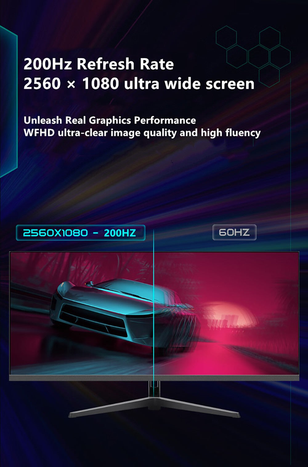 29palcový monitor FYHXele FY29Q2H, rozlišení 2560*1080 WFHD 21:9 IPS, obnovovací frekvence 200 Hz, doba odezvy 1 ms, 100% sRGB, kontrast 1000:1, kompatibilita s FreeSync a G-Sync, HDR, Game Plus, DC Dimming, 2x DP 1.4, 2x HDMI 2.1, 1x audio, nastavení náklonu a držák VESA