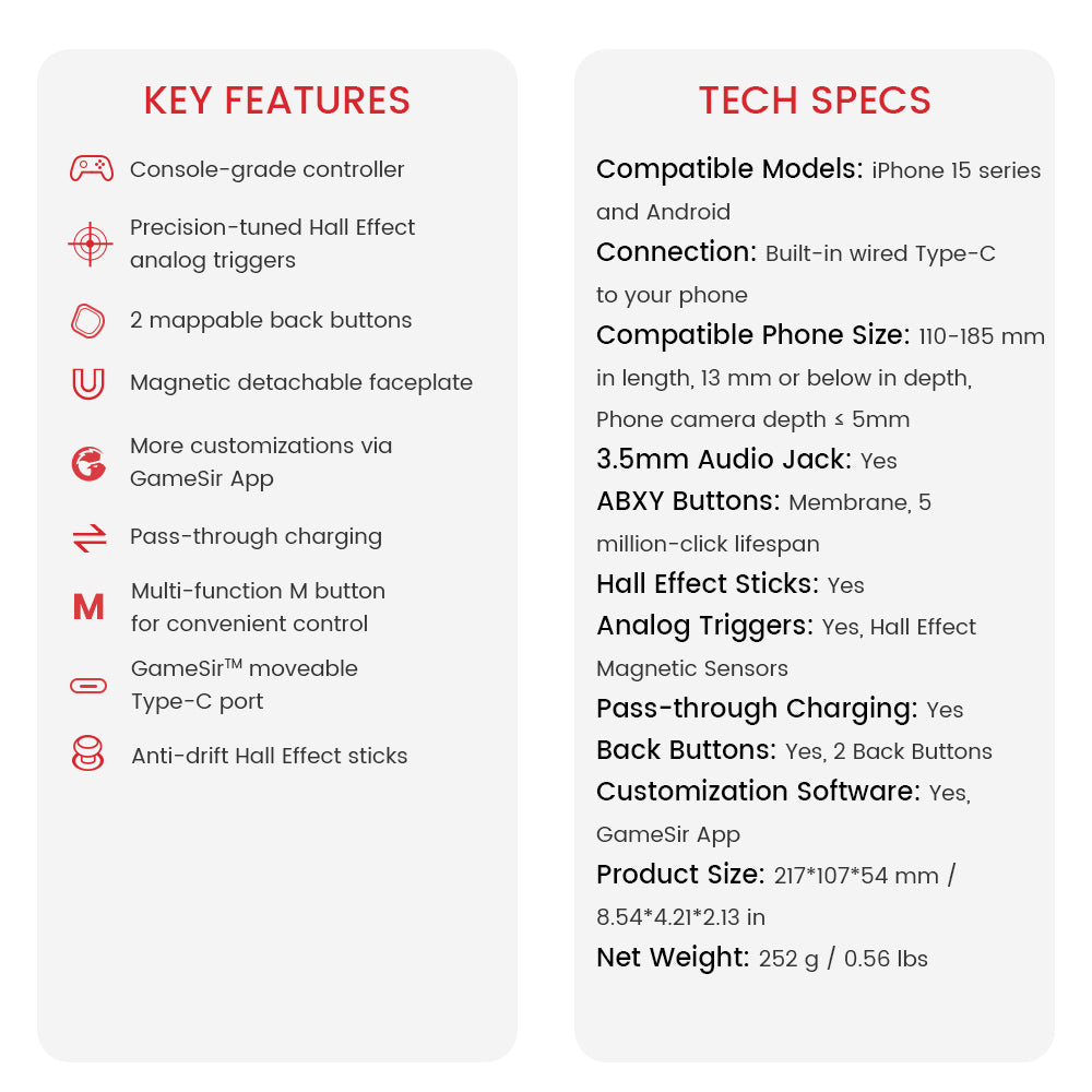 Mobilní herní ovladač GameSir G8 typu C, gamepad typu Plug and Play s joysticky s Hallovým efektem/Hallovým triggerem, 3,5mm audio jack, kompatibilní s Androidem a iPhonem řady 15