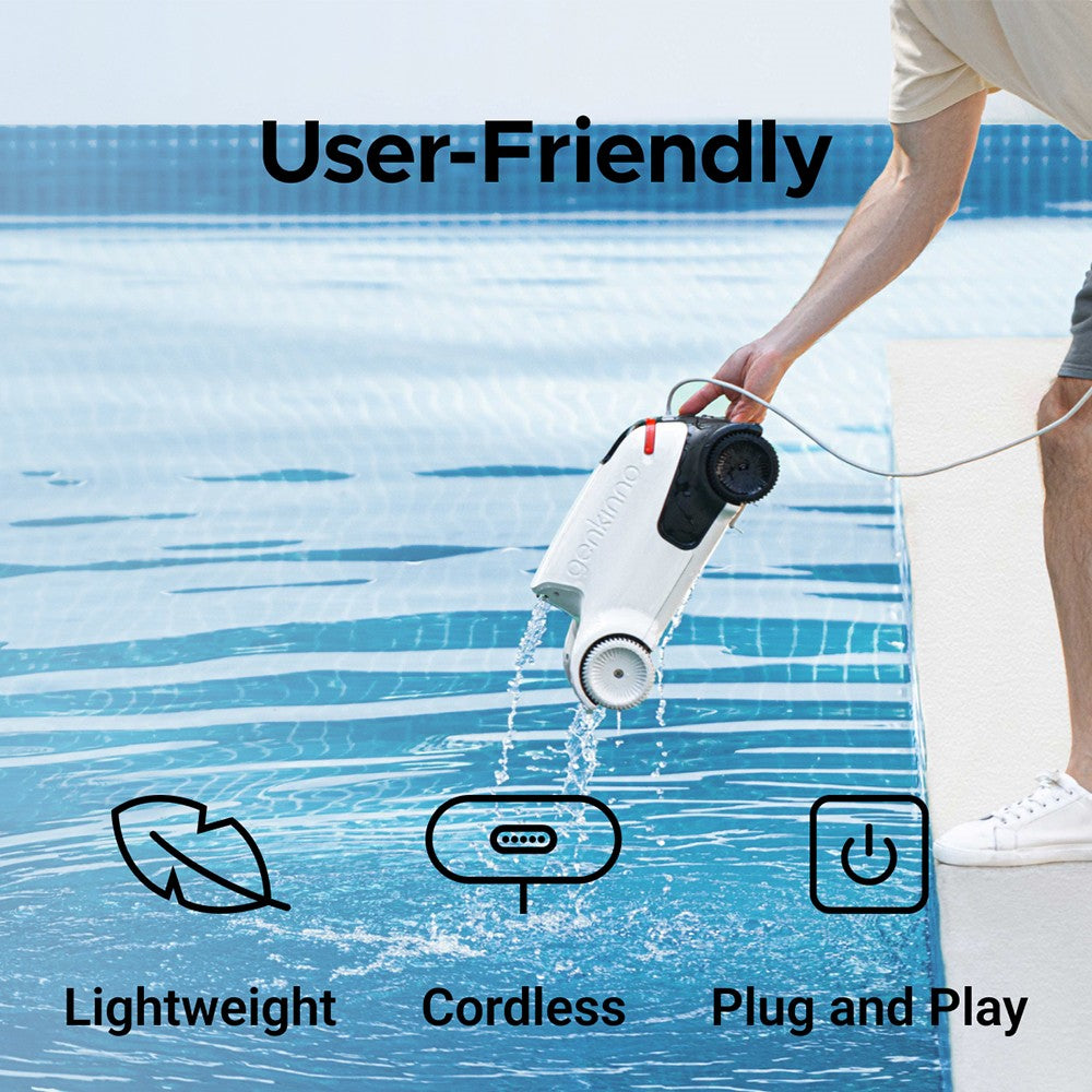 Bezdrátový robotický vysavač Genkinno P2, sací výkon 70 W, doba provozu 120 minut, plánování trasy AdaptiveNav, technologie AdaptiveSuc, dálkové ovládání přes aplikaci, pro nadzemní/zapuštěné bazény, bílá - zástrčka EU