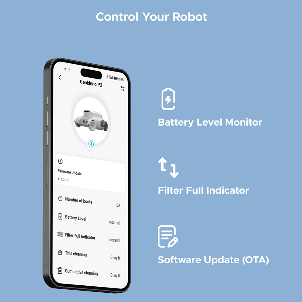 Bezdrátový robotický vysavač Genkinno P2, sací výkon 70 W, doba provozu 120 minut, plánování trasy AdaptiveNav, technologie AdaptiveSuc, dálkové ovládání přes aplikaci, pro nadzemní/zapuštěné bazény, bílá - zástrčka EU