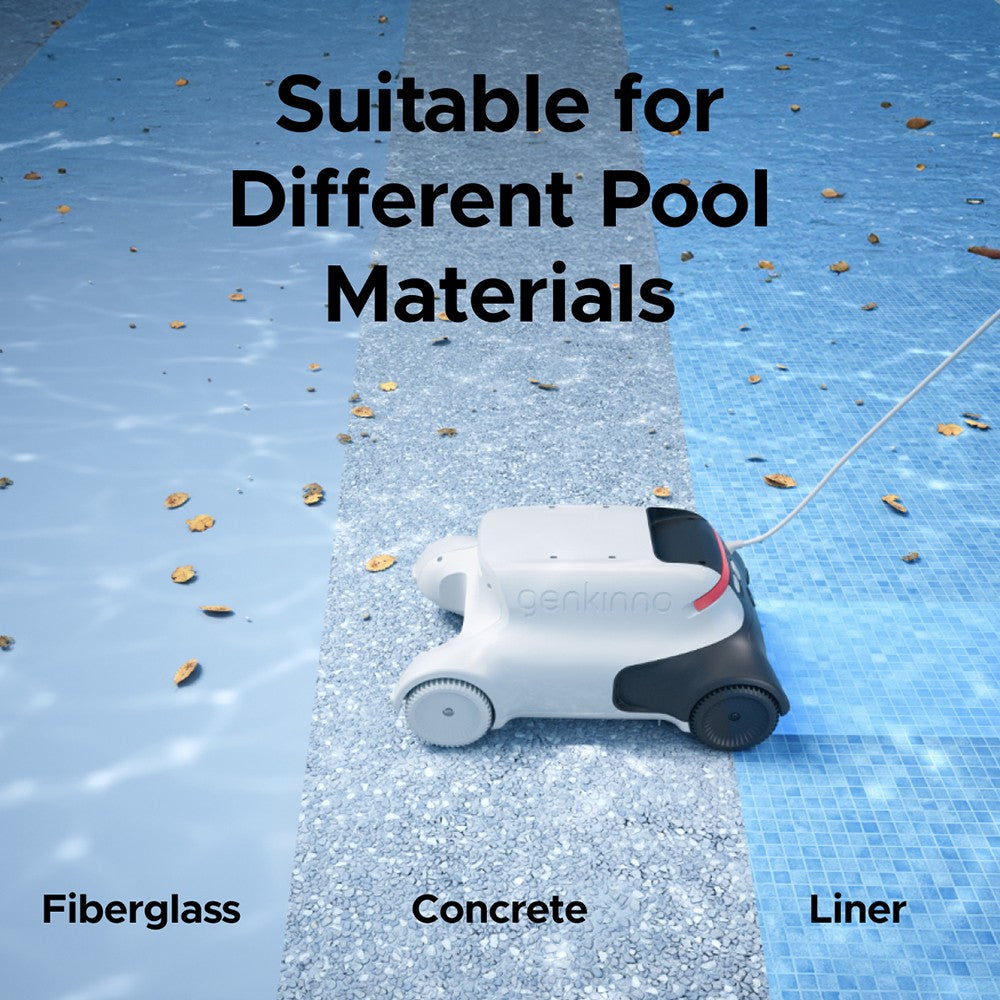 Bezdrátový robotický vysavač Genkinno P2, sací výkon 70 W, doba provozu 120 minut, plánování trasy AdaptiveNav, technologie AdaptiveSuc, dálkové ovládání přes aplikaci, pro nadzemní/zapuštěné bazény, bílá - zástrčka EU