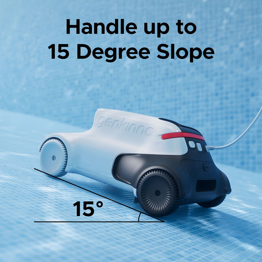 Bezdrátový robotický vysavač Genkinno P2, sací výkon 70 W, doba provozu 120 minut, plánování trasy AdaptiveNav, technologie AdaptiveSuc, dálkové ovládání přes aplikaci, pro nadzemní/zapuštěné bazény, bílá - zástrčka EU