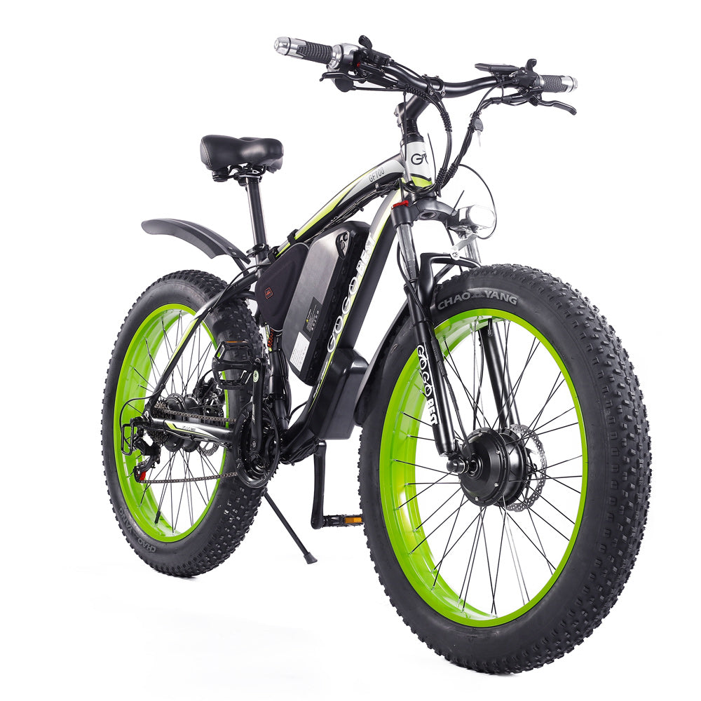 GOGOBEST GF700 26*4.0 Inch Fat Tire Electric Mountain Bike 48V 18.2Ah Battery 2*500W Dual Motor Max Speed 50Km/h 70KM Power-Assisted Range Max Load 200KG IP54 Waterproof Hydraulic Disc Brake MTB Bike 6061 Aluminum Alloy Frame - Black Green