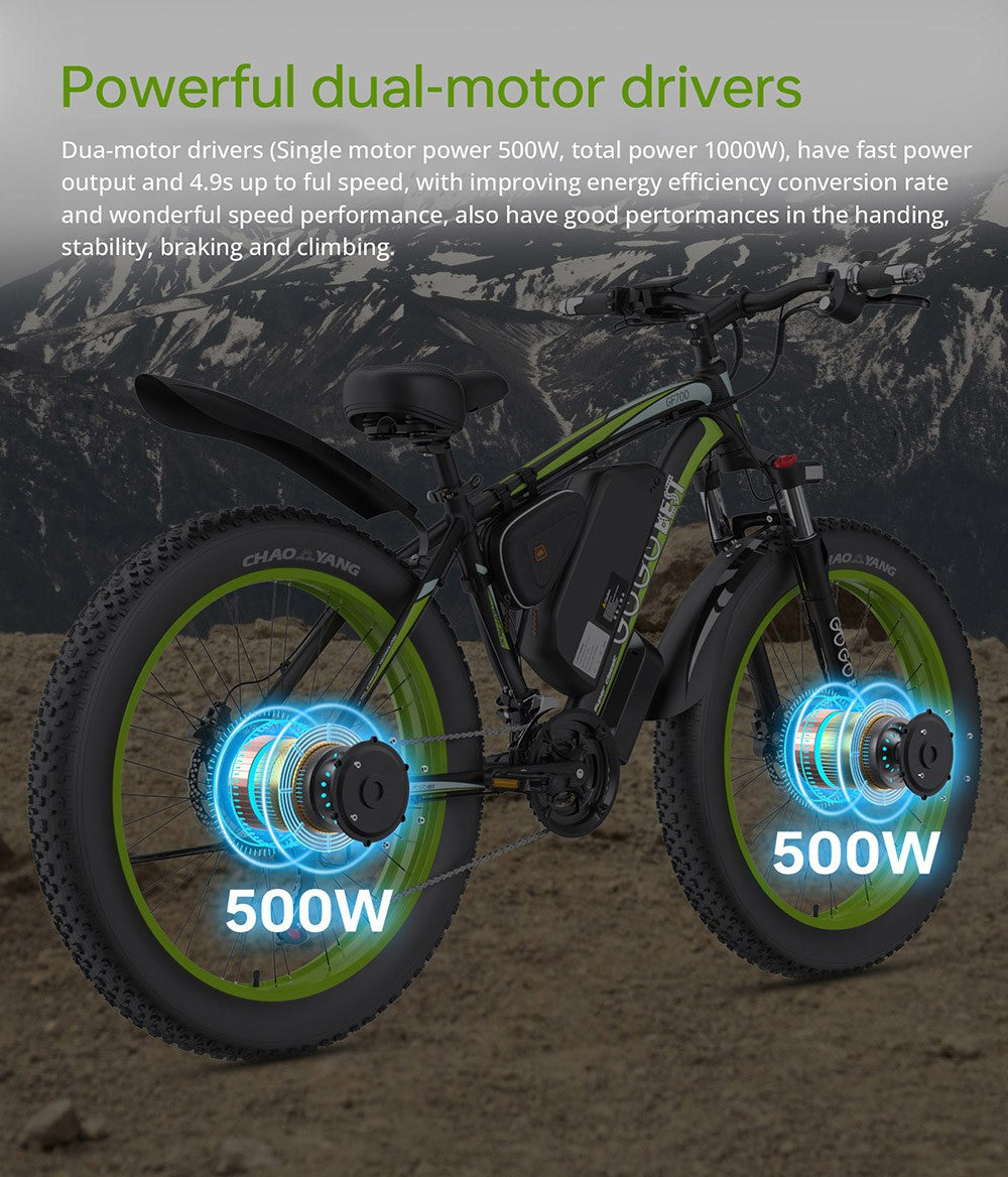 GOGOBEST GF700 26*4,0 palce s tlustými pneumatikami Elektrické horské kolo 48V 18,2Ah Baterie 2*500W Duální motor Maximální rychlost 50km/h 70km Dojezd s posilovačem Maximální zatížení 200KG IP54 Vodotěsné Hydraulické kotoučové brzdy Horské kolo Rám z hliníkové slitiny 6061 - Černozelené