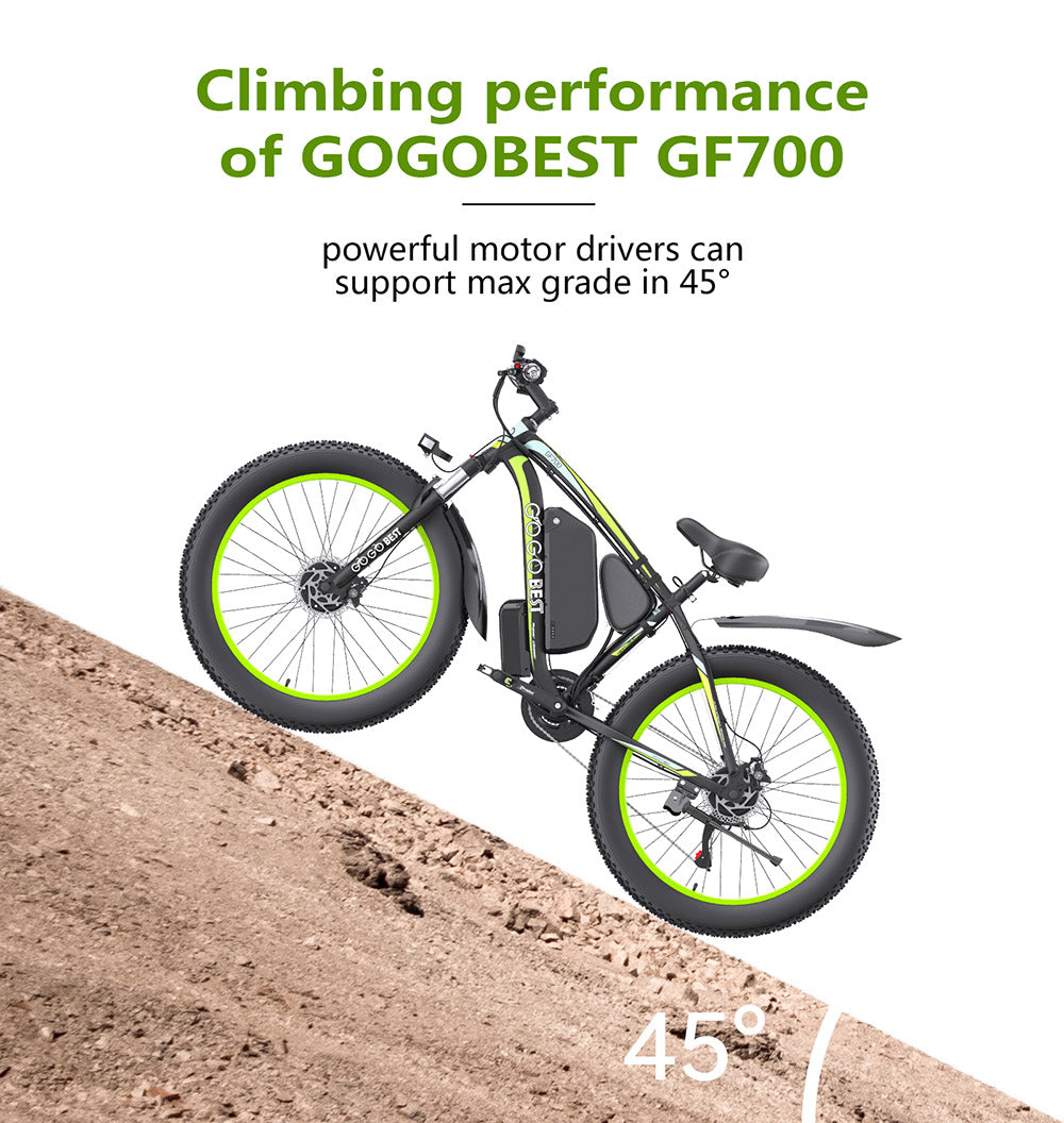 GOGOBEST GF700 26*4,0 palce s tlustými pneumatikami Elektrické horské kolo 48V 18,2Ah Baterie 2*500W Duální motor Maximální rychlost 50km/h 70km Dojezd s posilovačem Maximální zatížení 200KG IP54 Vodotěsné Hydraulické kotoučové brzdy Horské kolo Rám z hliníkové slitiny 6061 - Černozelené