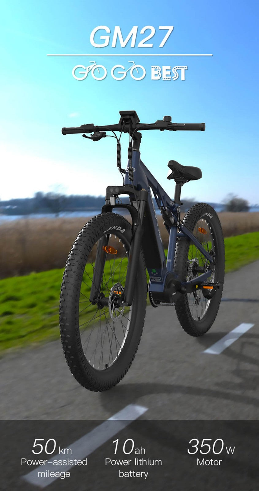 Elektrické kolo GOGOBEST GM27 27,5*3,0 palce, tlusté pneumatiky, 48V 350W, střední motor, maximální rychlost 25 km/h, baterie 10 Ah, maximální dojezd 50 km, dvojitá hydraulická kotoučová brzda - modrá