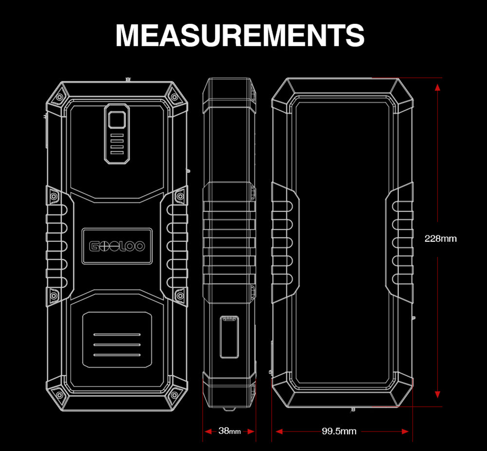 Startovací baterie GOOLOO GP4000 PRO, powerbanka 26800mAh, špičkové napětí 4000A, výstup 15V 10A DC, 1W bílá LED, 10l nafta