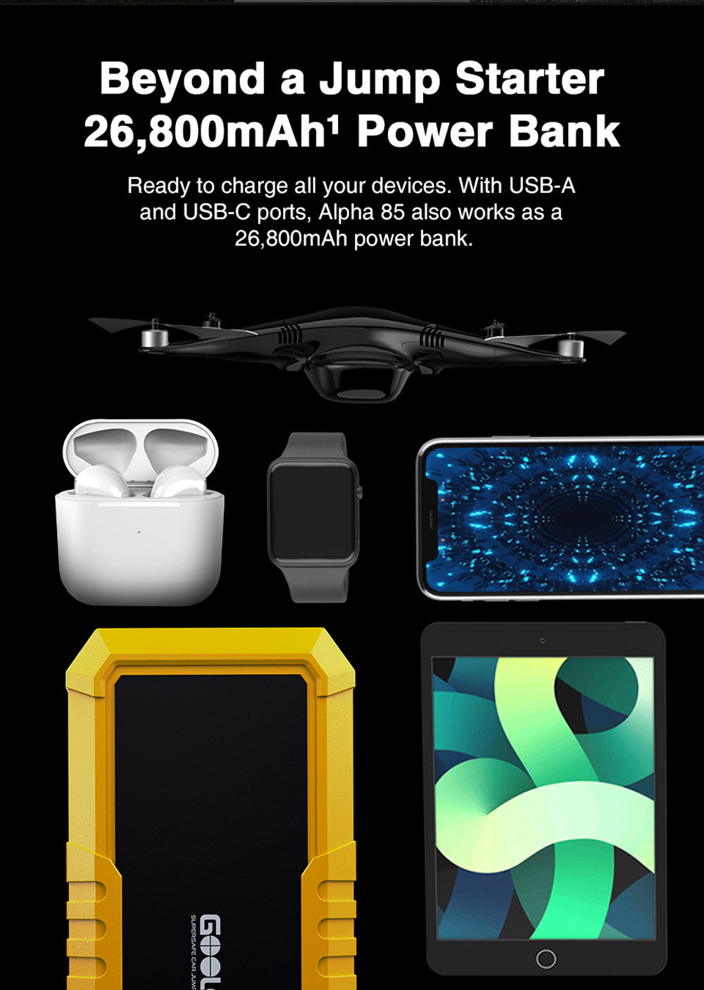 Startovací baterie GOOLOO GP4000 PRO, powerbanka 26800mAh, špičkové napětí 4000A, výstup 15V 10A DC, 1W bílá LED, 10l nafta