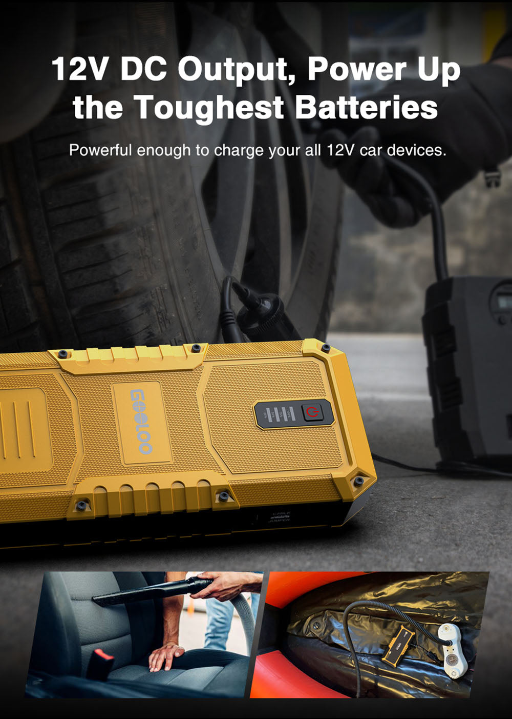 Startovací baterie GOOLOO GP4000 PRO, powerbanka 26800mAh, špičkové napětí 4000A, výstup 15V 10A DC, 1W bílá LED, 10l nafta