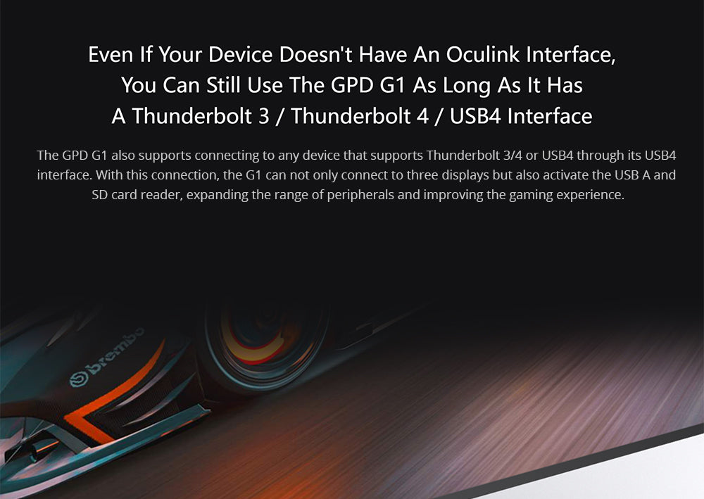 Rozšiřující dokovací stanice pro grafické karty GPD G1, grafika AMD Radeon RX 7600M XT, 8GB GDDR6 RAM, 128bitová, 1*Oculink 1*USB 4.0 1*HDMI 2.1 2*DP 3*USB 3.2 1*SD 4.0, přepínací tlačítko TGP - zástrčka EU