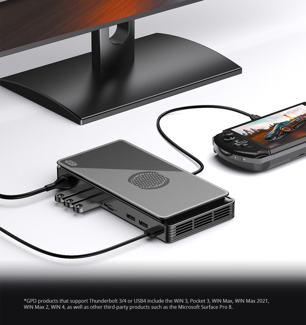 Rozšiřující dokovací stanice pro grafické karty GPD G1, grafika AMD Radeon RX 7600M XT, 8GB GDDR6 RAM, 128bitová, 1*Oculink 1*USB 4.0 1*HDMI 2.1 2*DP 3*USB 3.2 1*SD 4.0, přepínací tlačítko TGP - zástrčka EU