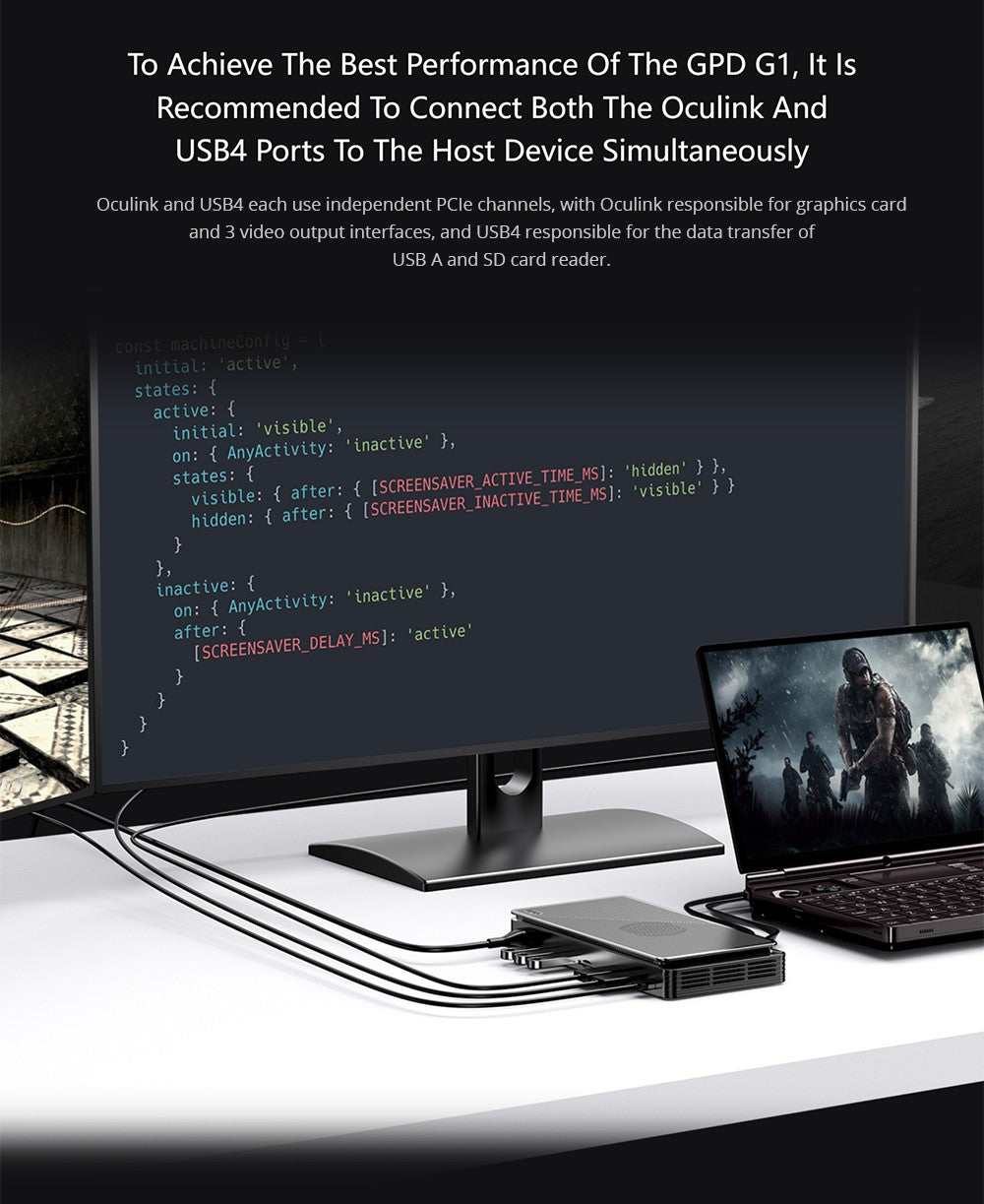 Rozšiřující dokovací stanice pro grafické karty GPD G1, grafika AMD Radeon RX 7600M XT, 8GB GDDR6 RAM, 128bitová, 1*Oculink 1*USB 4.0 1*HDMI 2.1 2*DP 3*USB 3.2 1*SD 4.0, přepínací tlačítko TGP - zástrčka EU