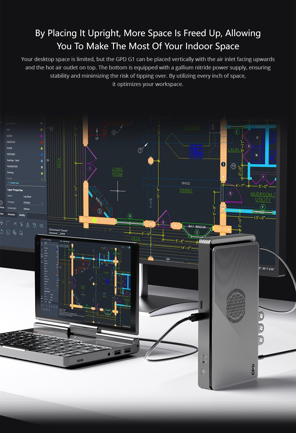 Rozšiřující dokovací stanice pro grafické karty GPD G1, grafika AMD Radeon RX 7600M XT, 8GB GDDR6 RAM, 128bitová, 1*Oculink 1*USB 4.0 1*HDMI 2.1 2*DP 3*USB 3.2 1*SD 4.0, přepínací tlačítko TGP - zástrčka EU