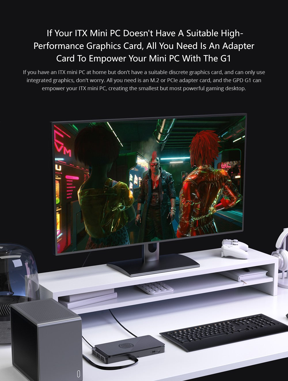 Rozšiřující dokovací stanice pro grafické karty GPD G1, grafika AMD Radeon RX 7600M XT, 8GB GDDR6 RAM, 128bitová, 1*Oculink 1*USB 4.0 1*HDMI 2.1 2*DP 3*USB 3.2 1*SD 4.0, přepínací tlačítko TGP - zástrčka EU