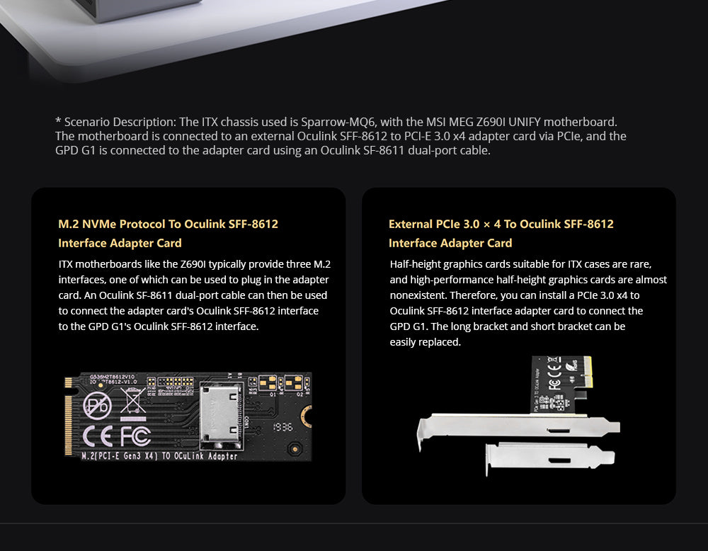 Rozšiřující dokovací stanice pro grafické karty GPD G1, grafika AMD Radeon RX 7600M XT, 8GB GDDR6 RAM, 128bitová, 1*Oculink 1*USB 4.0 1*HDMI 2.1 2*DP 3*USB 3.2 1*SD 4.0, přepínací tlačítko TGP - zástrčka EU