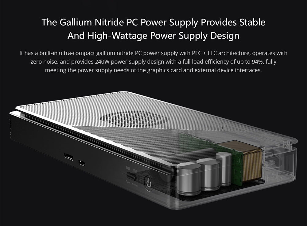 Rozšiřující dokovací stanice pro grafické karty GPD G1, grafika AMD Radeon RX 7600M XT, 8GB GDDR6 RAM, 128bitová, 1*Oculink 1*USB 4.0 1*HDMI 2.1 2*DP 3*USB 3.2 1*SD 4.0, přepínací tlačítko TGP - zástrčka EU