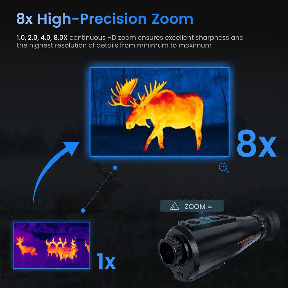 Termokamera s nočním viděním GTGUARD AI15, obnovovací frekvence obrazovky 60 Hz, digitální zoom 1–8x, rozlišení 384*288, vodotěsnost IP66, vestavěná paměť 32 GB, 5 režimů obrazu, baterie 4000 mAh