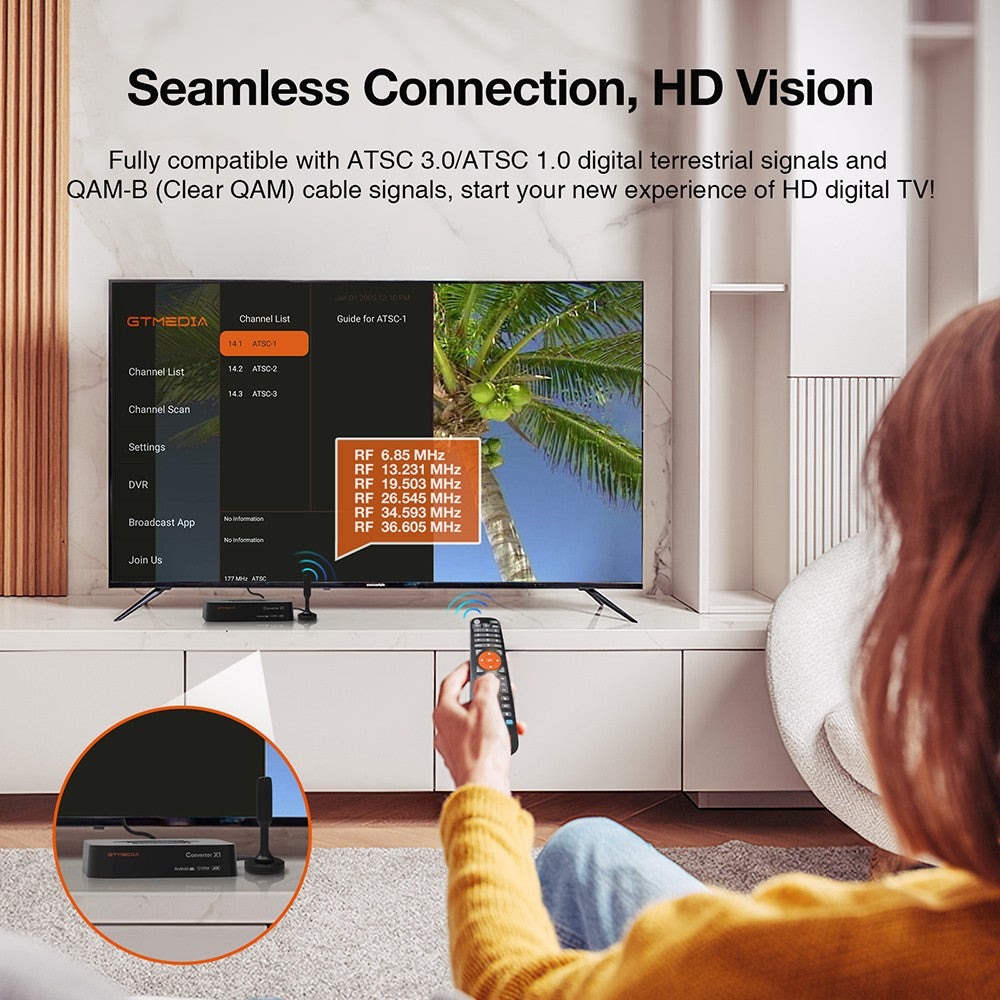 GTMEDIA HDTV Converter X1 TV Box, Android 11, ATSC 3.0 DRM, DVR nahrávání, 4K HDR, vestavěný Miracast, 2GB RAM 32GB ROM, Bluetooth 5.0, 2.4G/5G WiFi - americká zástrčka