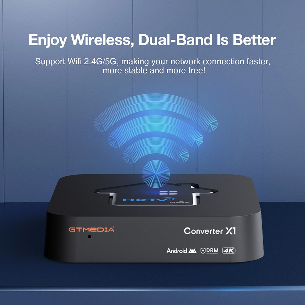 GTMEDIA HDTV Converter X1 TV Box, Android 11, ATSC 3.0 DRM, DVR nahrávání, 4K HDR, vestavěný Miracast, 2GB RAM 32GB ROM, Bluetooth 5.0, 2.4G/5G WiFi - americká zástrčka