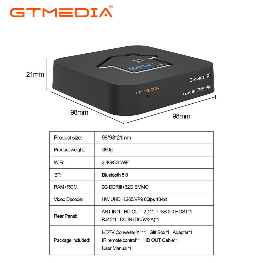 GTMEDIA HDTV Converter X1 TV Box, Android 11, ATSC 3.0 DRM, DVR nahrávání, 4K HDR, vestavěný Miracast, 2GB RAM 32GB ROM, Bluetooth 5.0, 2.4G/5G WiFi - americká zástrčka