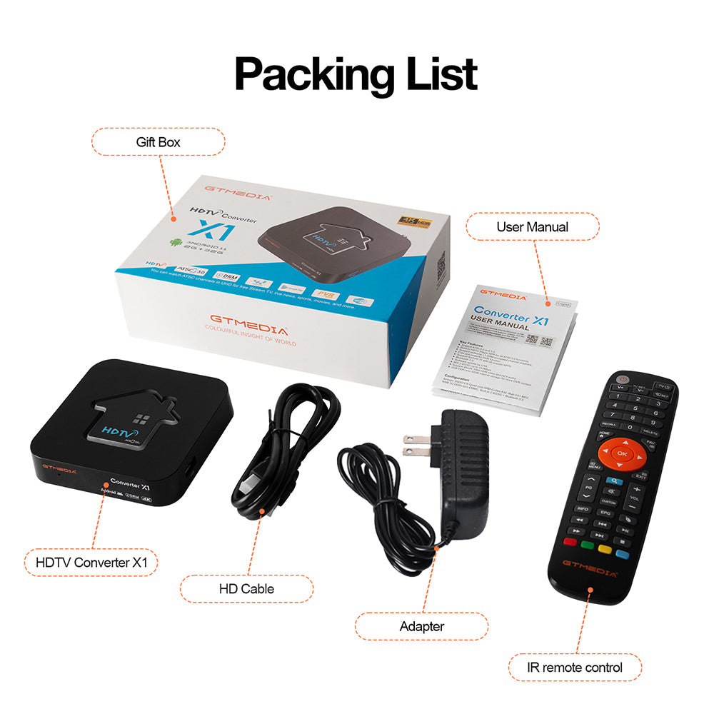 GTMEDIA HDTV Converter X1 TV Box, Android 11, ATSC 3.0 DRM, DVR nahrávání, 4K HDR, vestavěný Miracast, 2GB RAM 32GB ROM, Bluetooth 5.0, 2.4G/5G WiFi - americká zástrčka